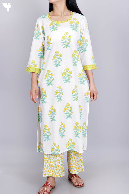 Cotton Kurta Pant Set With Kota Dupatta In Floral Block Print